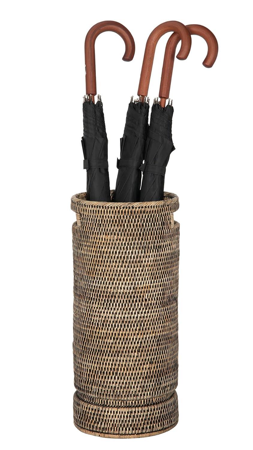 Kouboo La Jolla Rattan Round Handmade Umbrella Holder Freestanding Cane Stand Decorative, Catch, Stand For Entryway, Black Wash