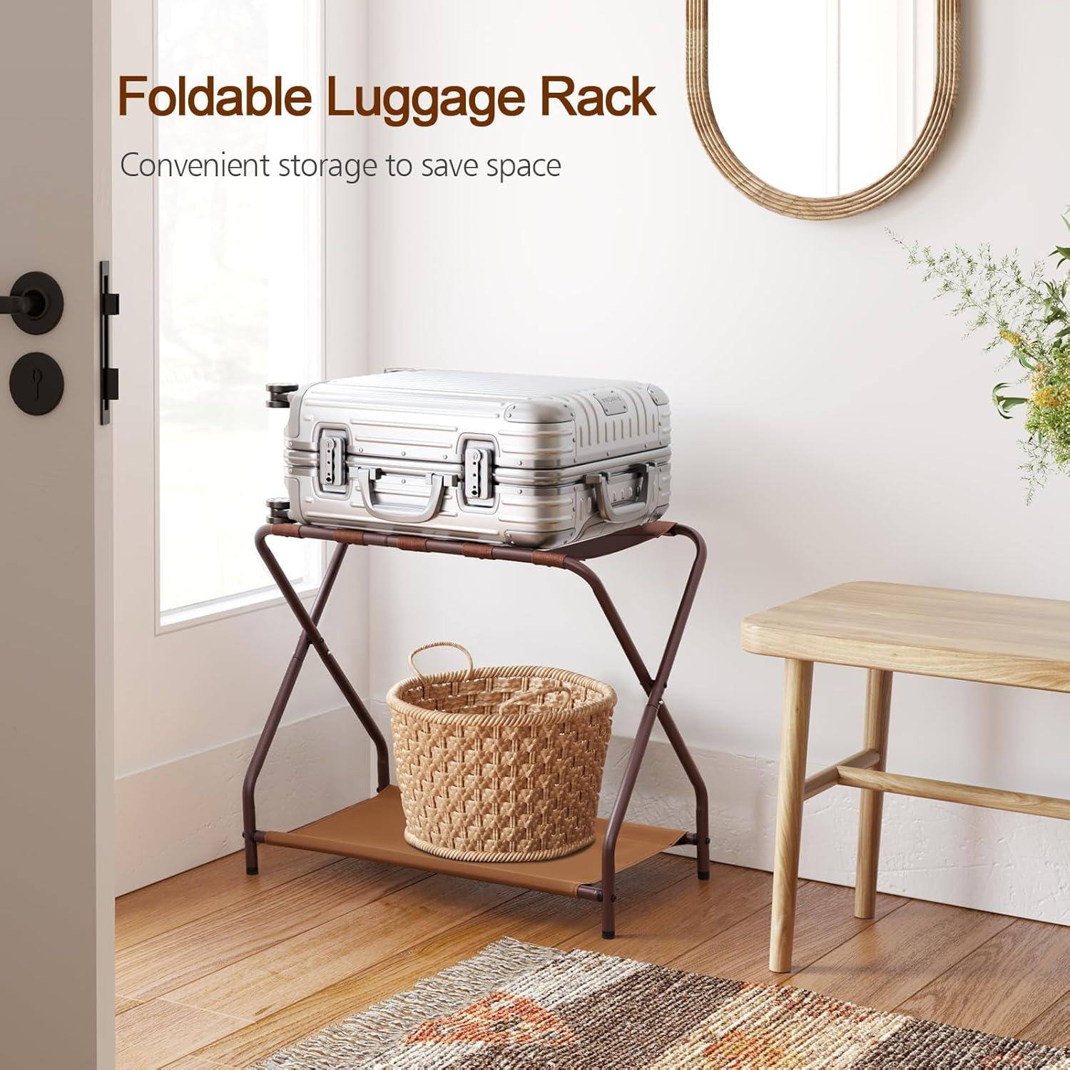 MEBROT Set Of 2, Foldable Suitcase Stands For Guest Room, Metal Luggage Holder With Storage Shelf For Bedroom, Hotel, Easy Assemble