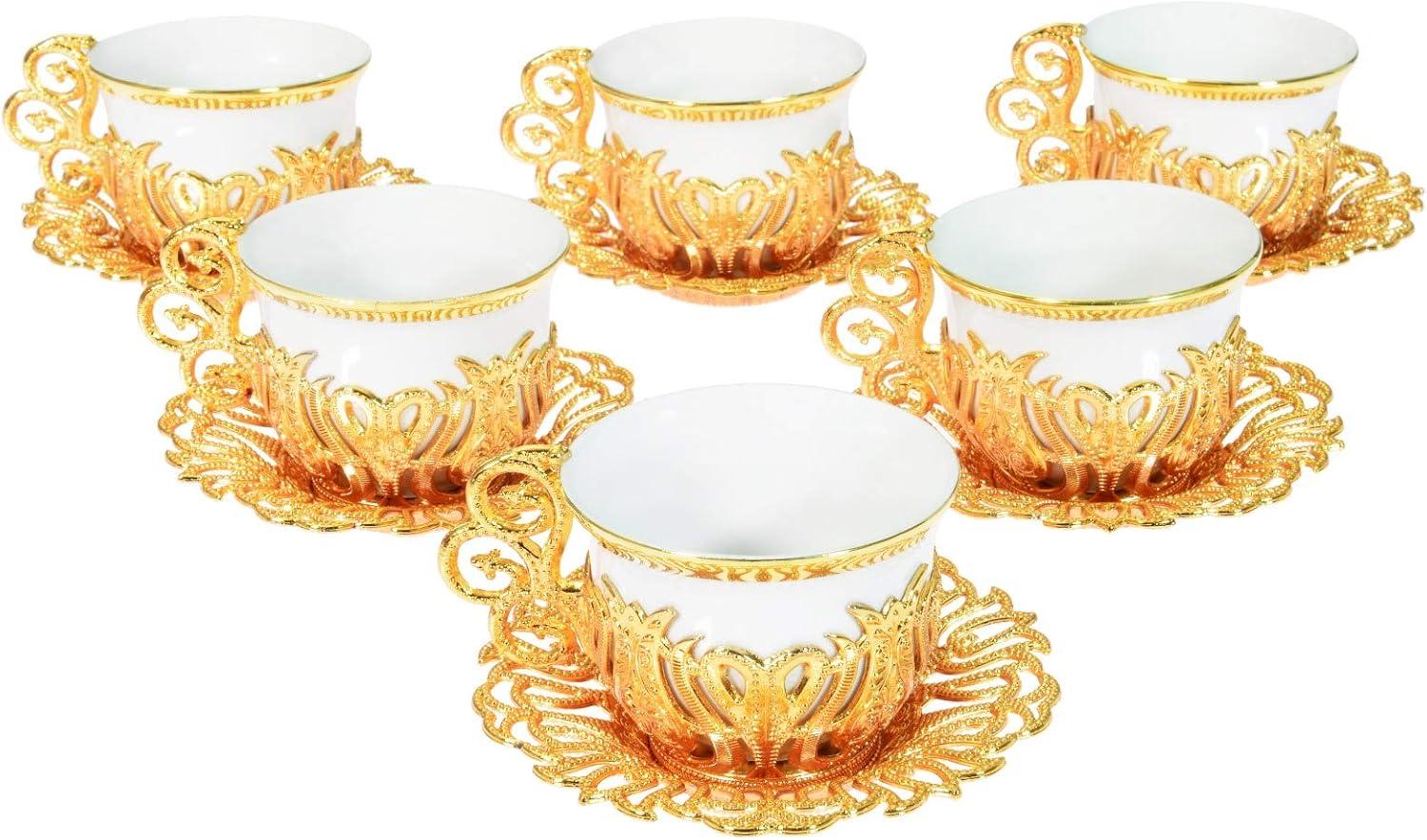 Gold and White Turkish Coffee Cup Set with Saucers