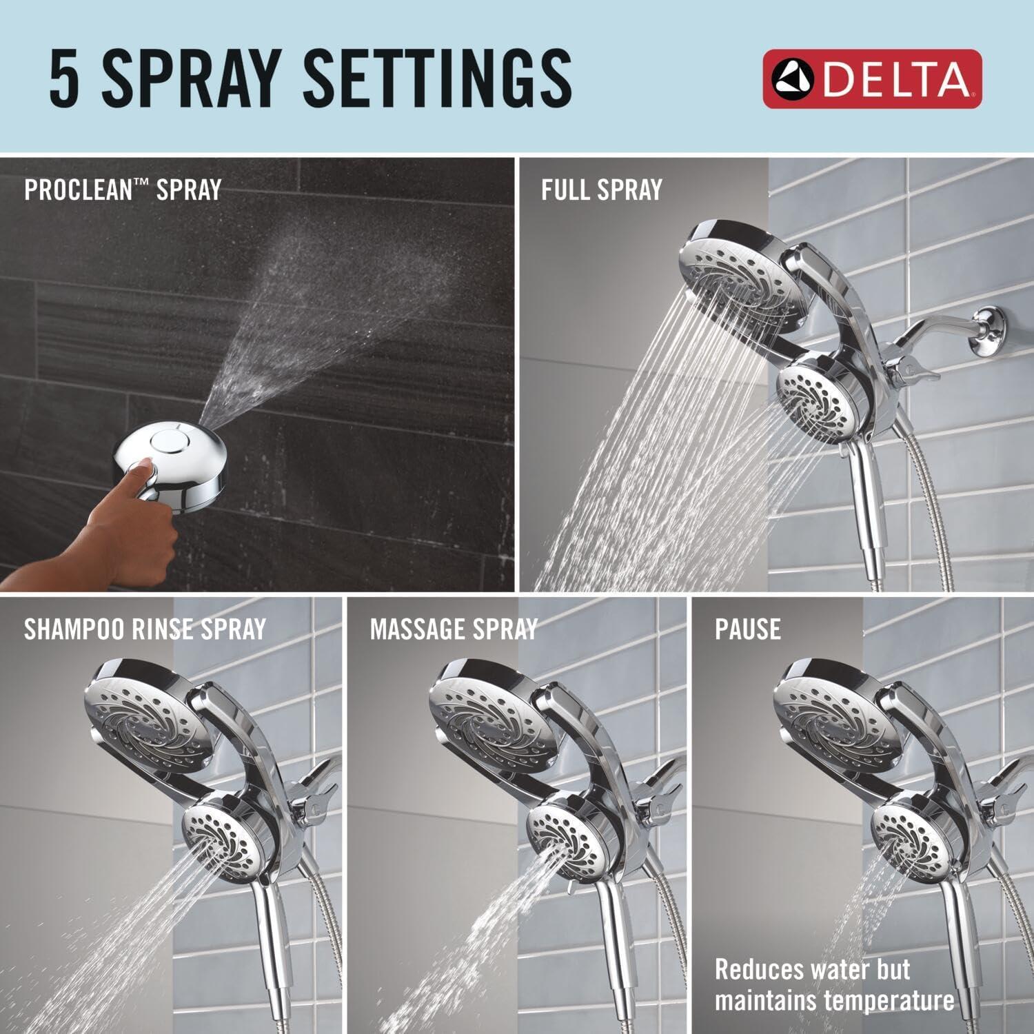 Delta 75419 5-Setting HydroRain 2-in-1 Dual Shower Head with ProClean Spray