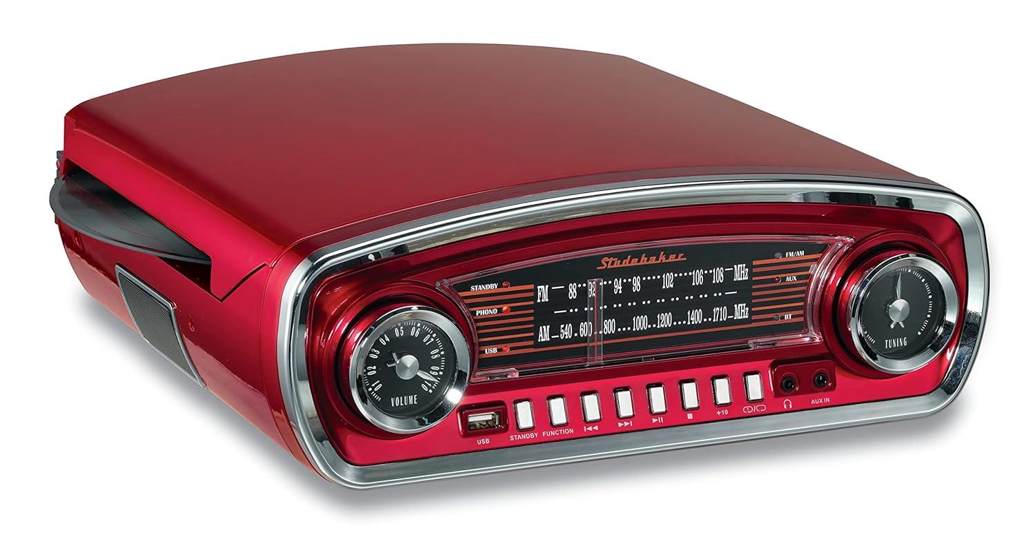 Studebaker 3-Speed Pitch Control Turntable with Bluetooth Receiver and Radio - Red (SB6057R)
