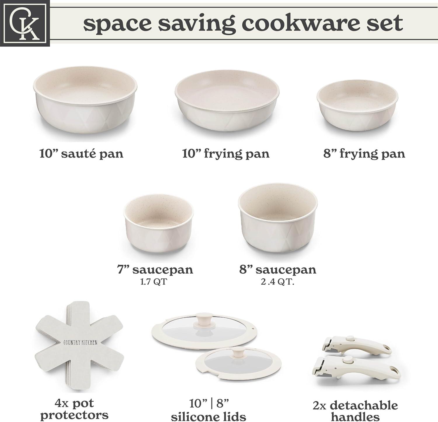 Country Kitchen 13-Pc Pots and Pans Set with Removable Handles Nonstick Cookware Set, Cream