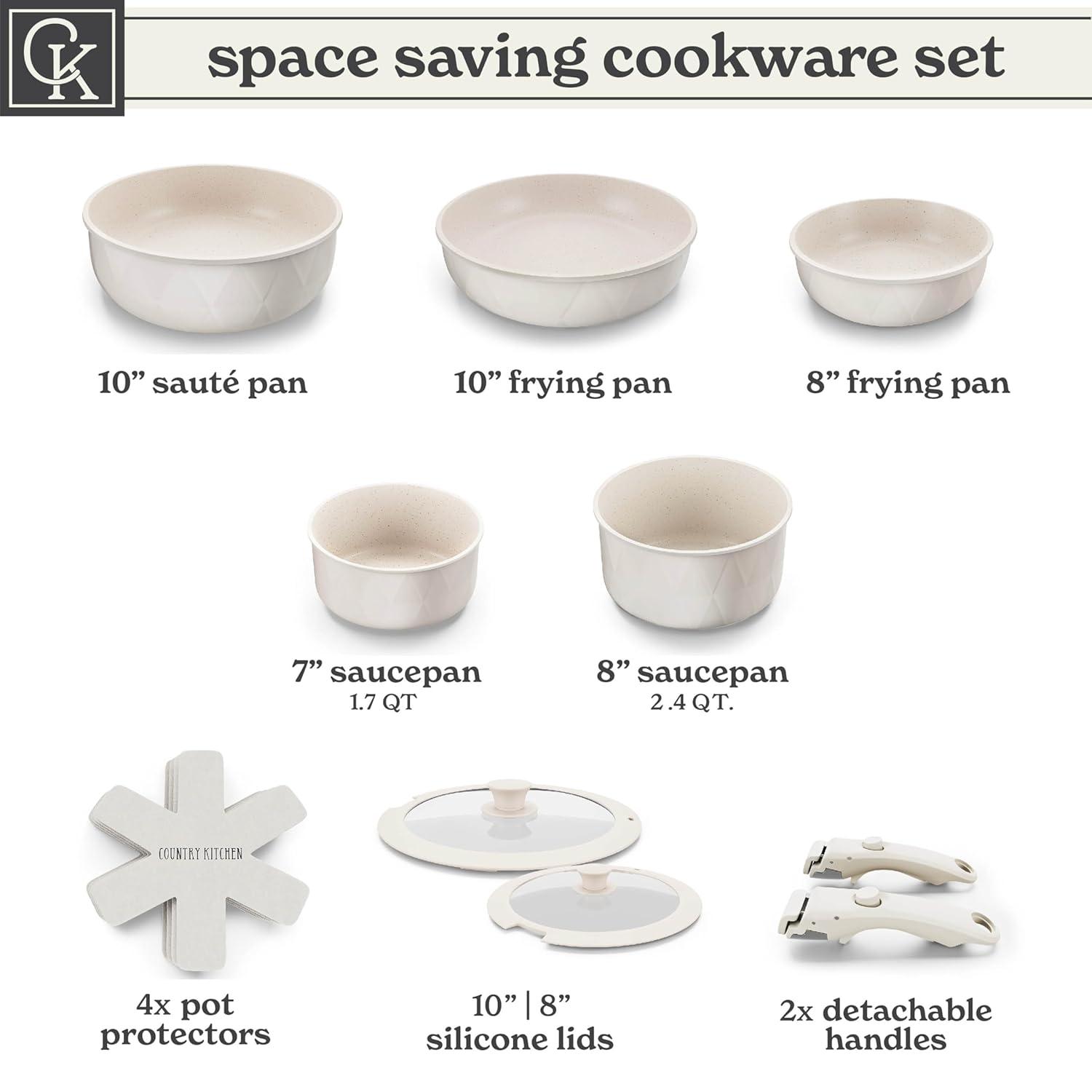 Country Kitchen 13-Pc Pots and Pans Set with Removable Handles Nonstick Cookware Set, Cream