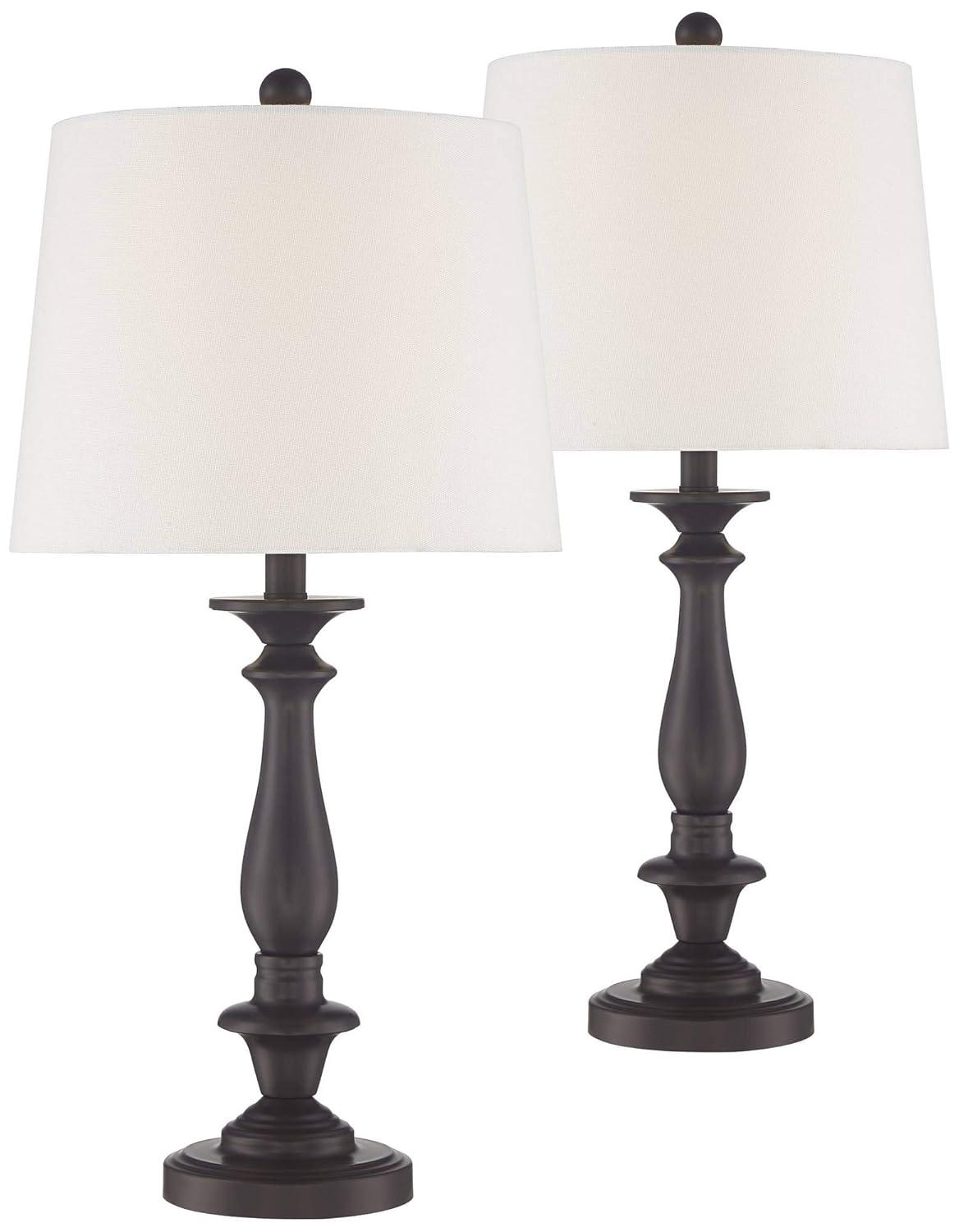 Regency Hill Rustic Traditional Table Lamps 26" High Set of 2 Dark Bronze Metal Candlestick White Drum Shade for Bedroom Living Room House Bedside