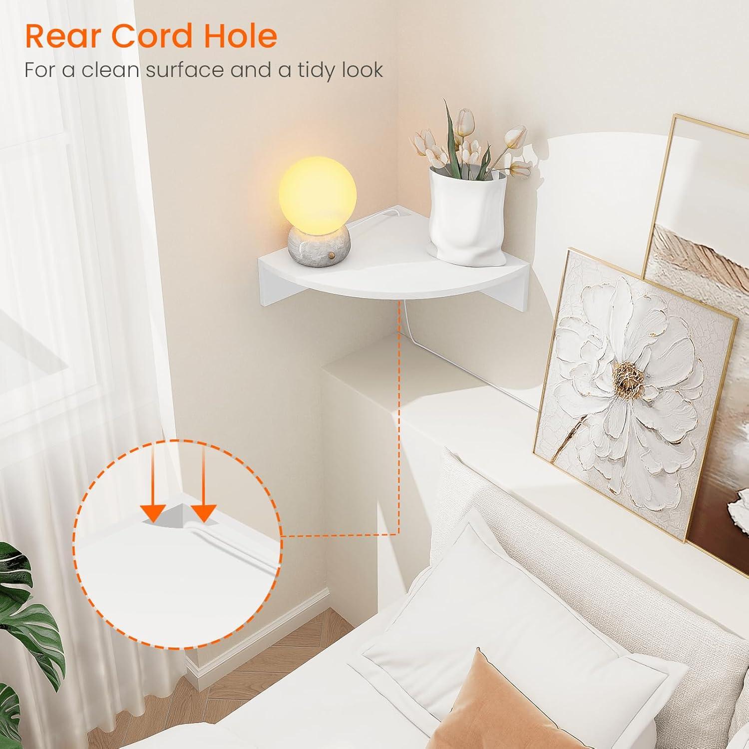Homode Floating Corner Shelves, Set of 3 Wood Corner Wall Shelves with Wire Hole, 12 Inch Deep Hanging Corner Display Shelf for Living Room, Kitchen, Bedroom, White