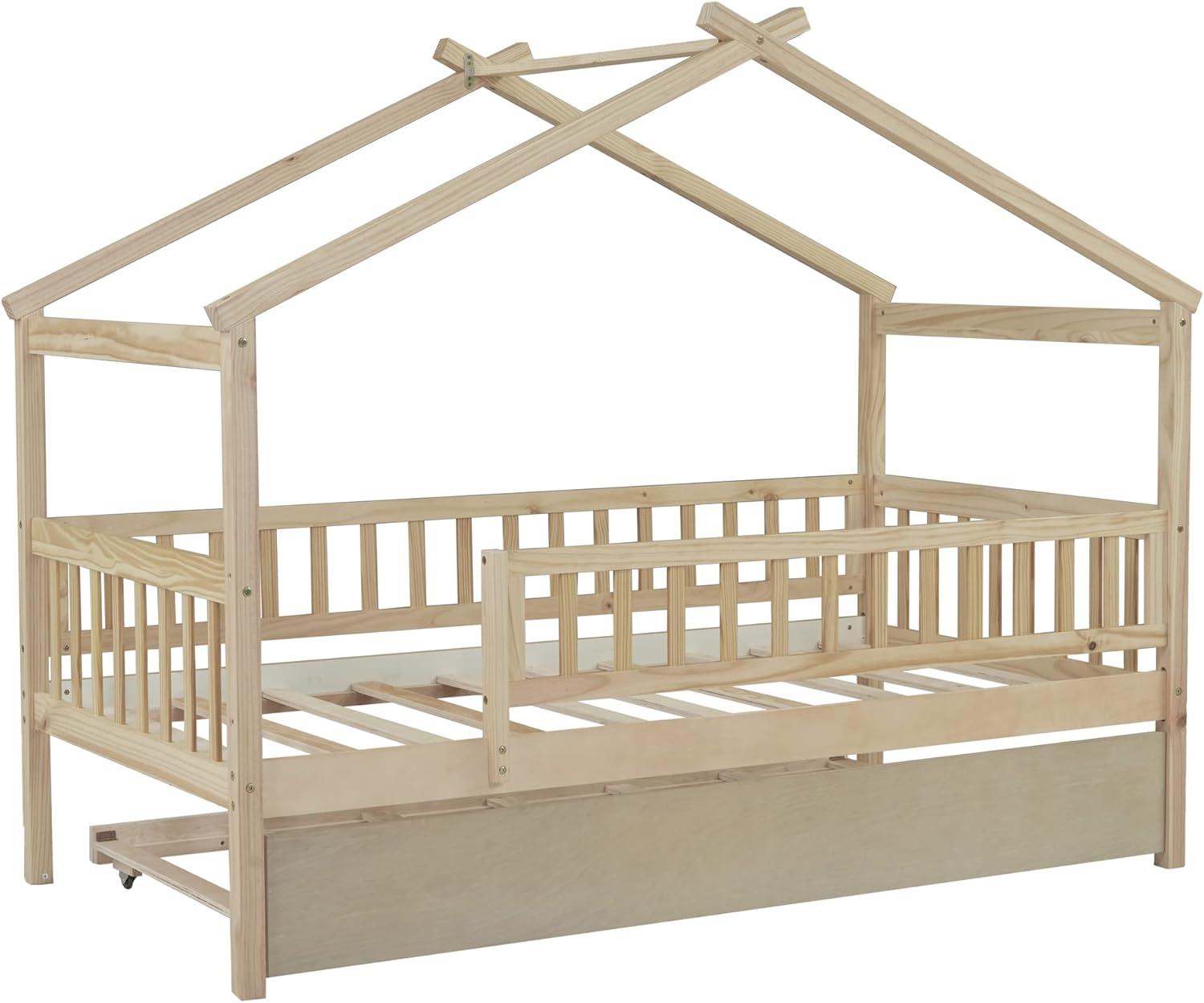 Twin House Bed with Trundle, House Bed for Kids, Wooden Daybed Twin Platform Bed Frame with Guardrails and Roof, for Girls Boys, Easy Assembly (Twin Size, Natural)
