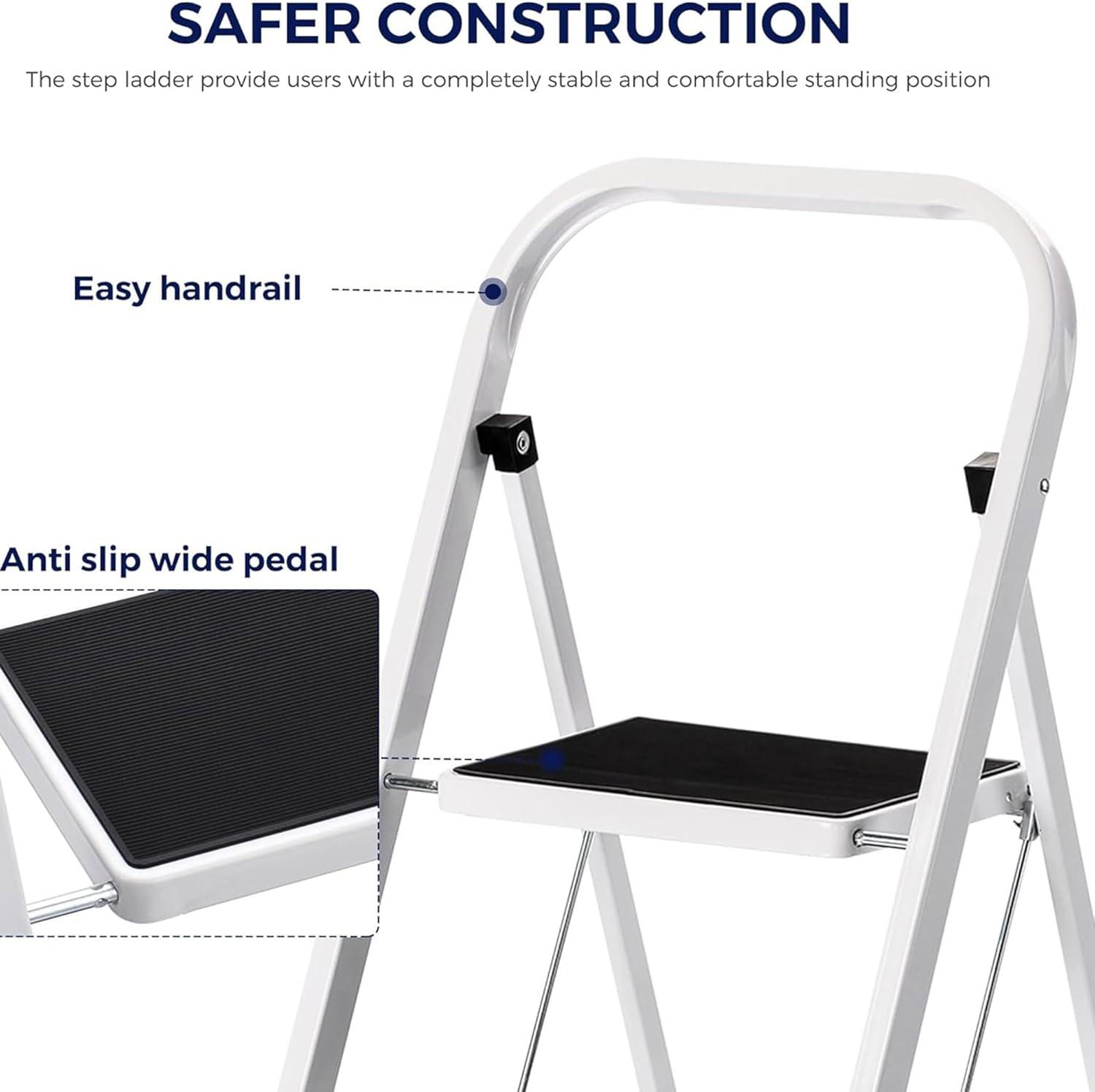 Delxo Non-Slip Stool Folding Sturdy Steel Wide Step Ladder with Hand Grip and Locking Mechanism for Indoor Household Kitchens