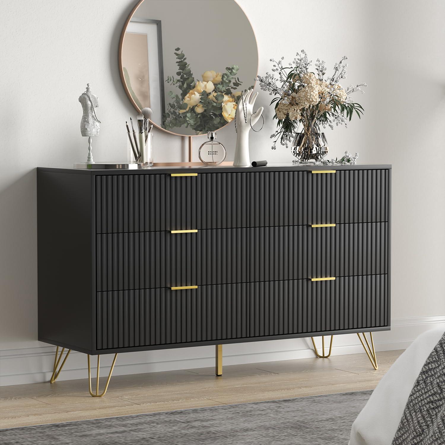 Black Dresser, Modern 6-Drawer Dresser for Bedroom with Gold Handles, Wide Chest of Drawers for Living Room