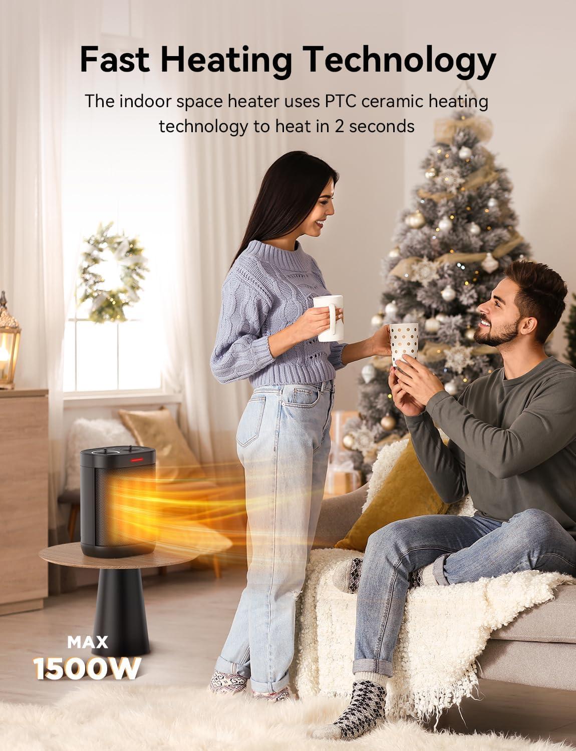 1500W Space Heaters for Indoor Use, Portable PTC Ceramic Space Heater, Small Space Heater with Thermostat, Three Modes, Overheat and Tip-Over Protection for Office Home