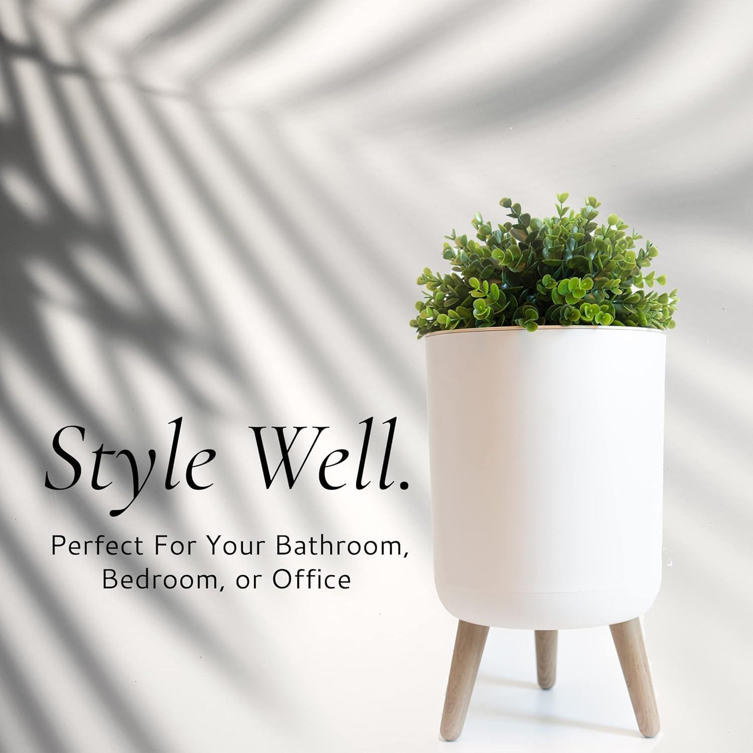 Small Bathroom Trash Can with Lid, Small Bathroom Garbage Can with Plant Style Lid, 1.8 Gallon, White, Perfect for Bedroom, Office, and Bathrooms, Trash Bin That Looks Like a Plant