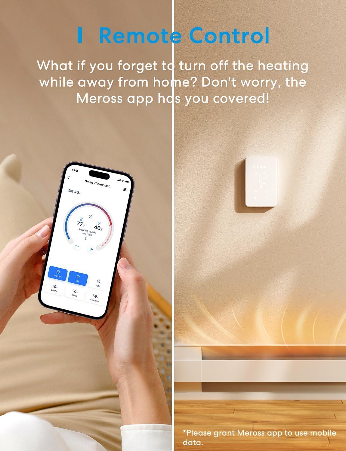 meross Smart Thermostat for Electric Baseboard and in-Wall Heaters Work with HomeKit, Alexa and Google Home, 120V-240V Wi-Fi Programmable Thermostat with Easy Install, Energy Saving, 4 Wires Needed