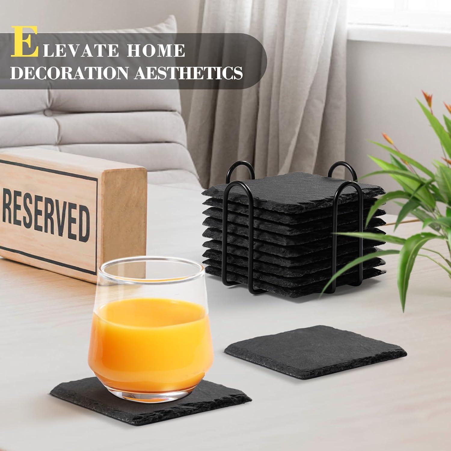 Black Slate 4-Inch Square Drink Coasters with Metal Holder