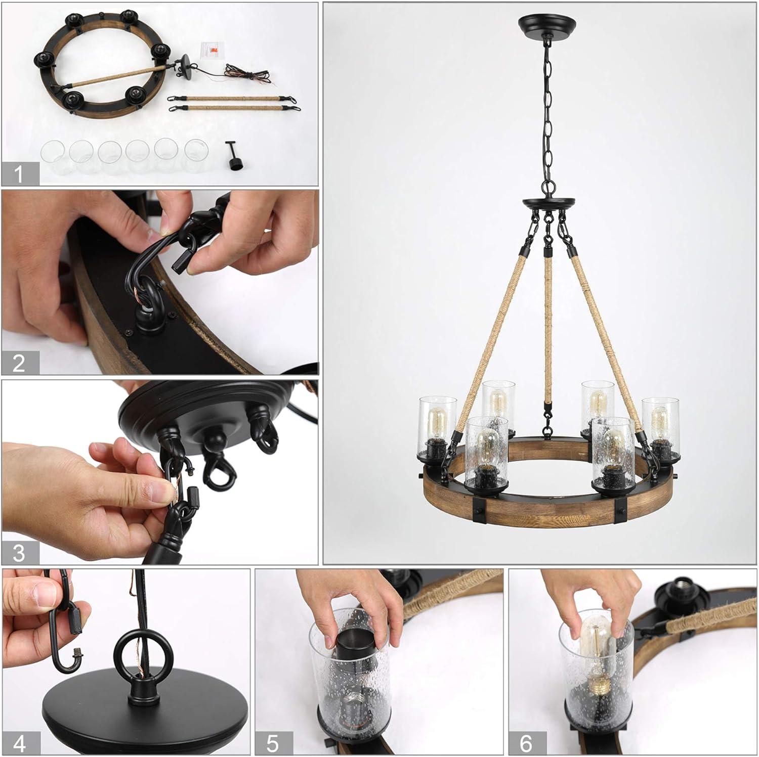 Farmhouse Chandeliers for Dining Rooms,6-Lights 25 Wagon Wheel Chandelier,Hemp Rope Wood Chandelier with Seeded Glass Shade