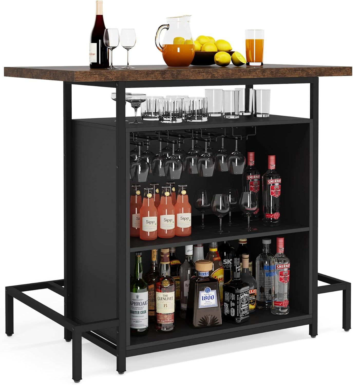 Industrial Black and Brown 3-Tier Home Bar Unit with Footrest