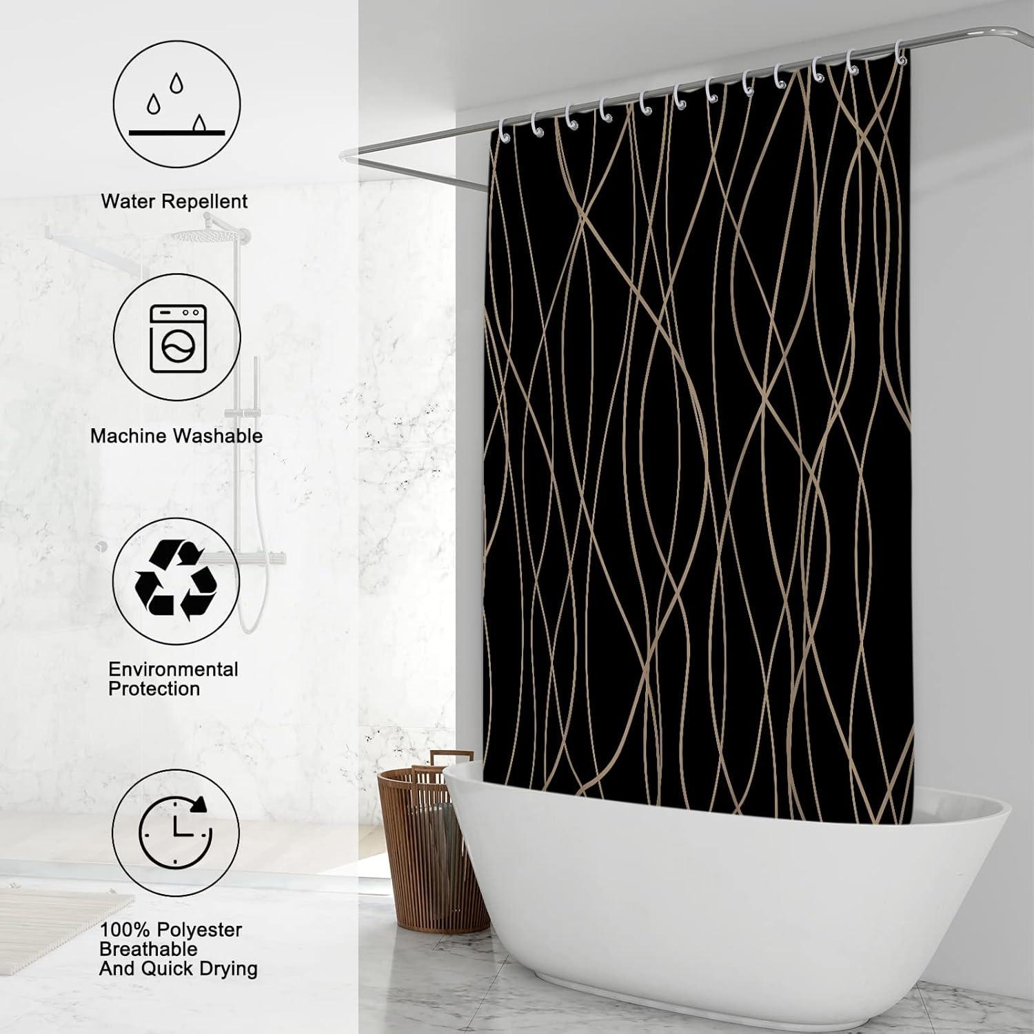 Black and Brown Striped Wavy Line Fabric Shower Curtain for Bathroom with 12 Hooks, Shower Curtains for Bathroom 72 Inches Long, Weighted Hem,Waterproof Bath Accessories Hotel Style