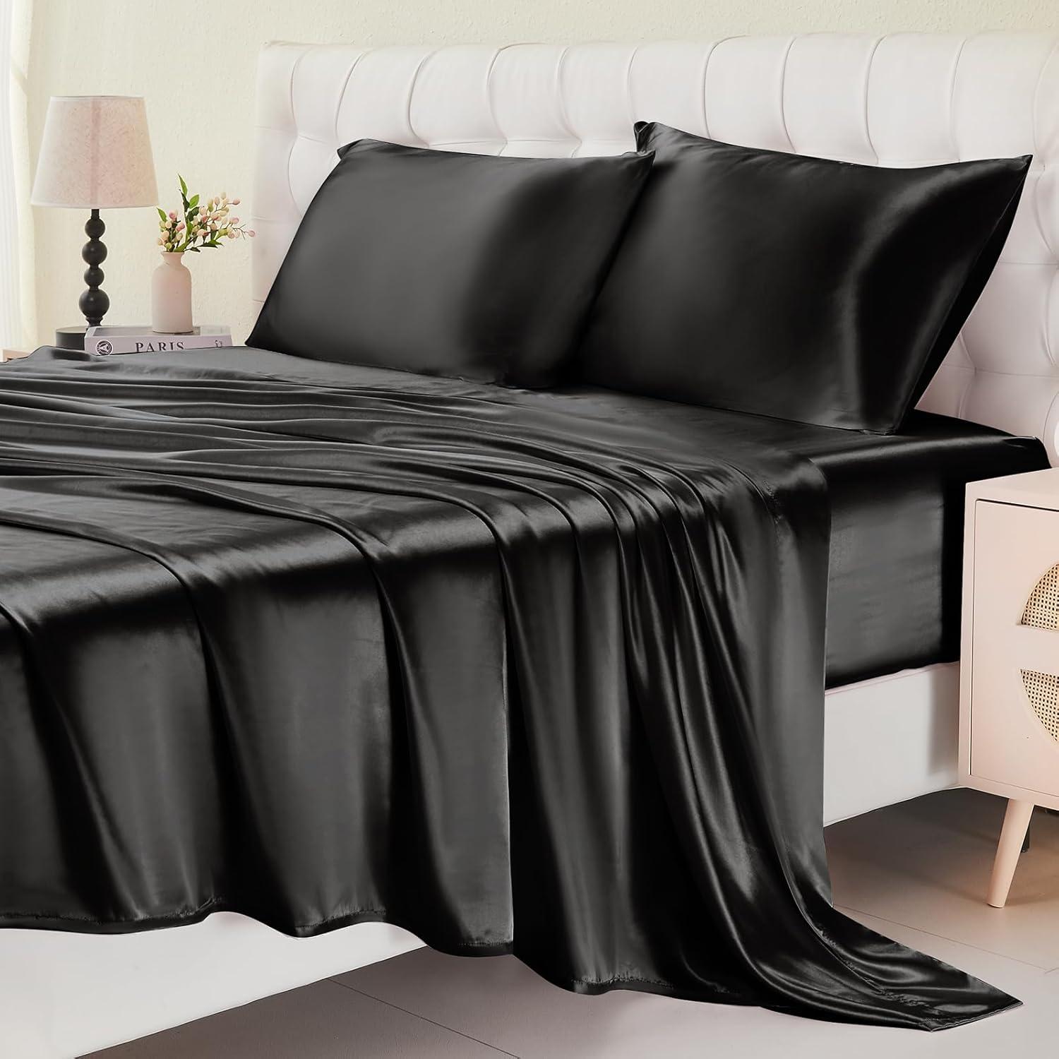 INKEDZ Satin Bed Sheets, Queen Size Sheets Set, 4 Pcs Silky Bedding Set with 15 Inches Deep Pocket for Mattress (Queen, Black)