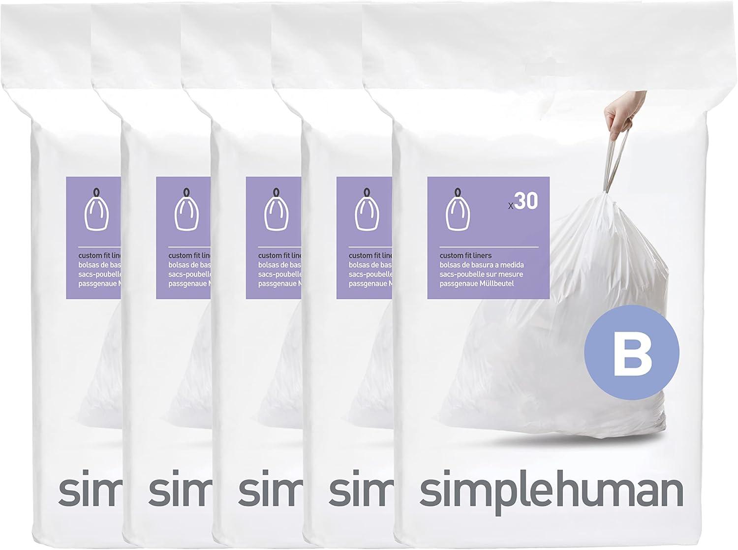 simplehuman Code B Custom Fit Drawstring Trash Bags, 150 Count, 6 Liter / 1.6 Gallon, White