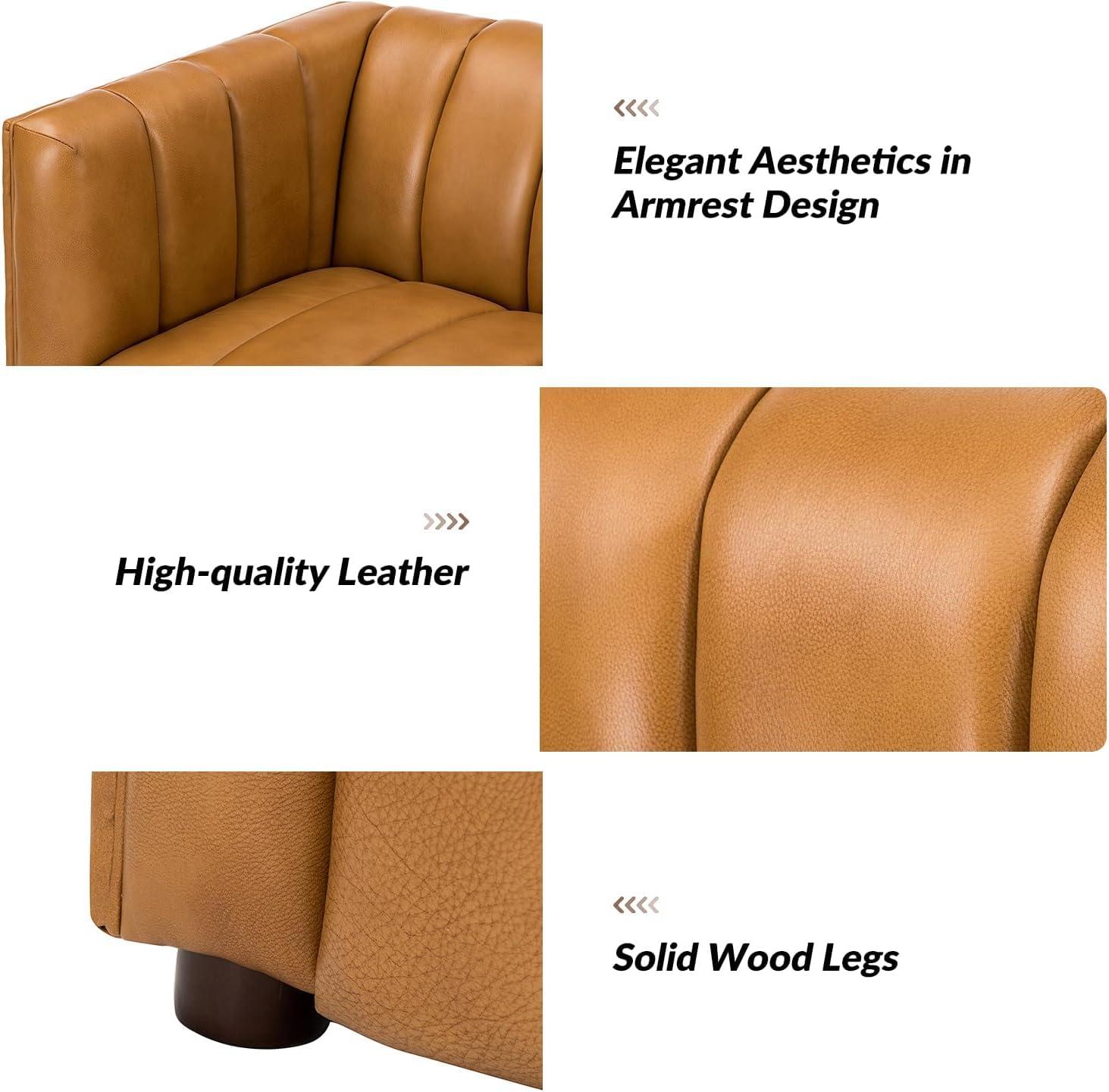 HULALA HOME 83" Genuine Leather Sofa with Channel Tufted Design, 3-Seater Sofa for Living Room Bedroom, Modern Oversized Couch with Wood Legs, Camel