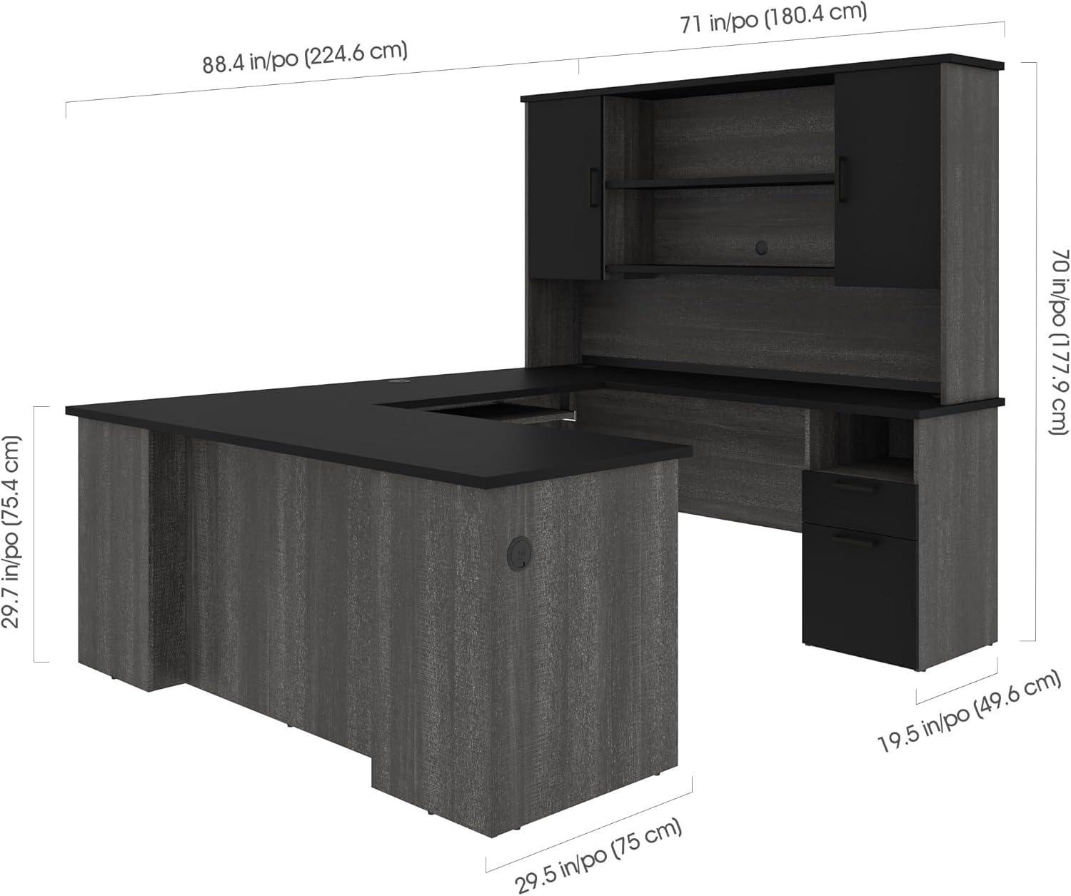 Black and Bark Gray Executive Corner Desk with Hutch and Power Outlets