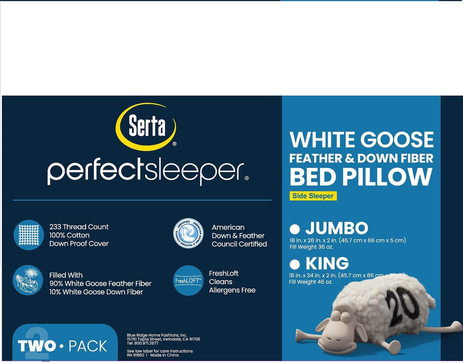 Serta 233 Thread Count White Goose Feather And White Goose Down Fiber Bed Pillow-Side Sleeper