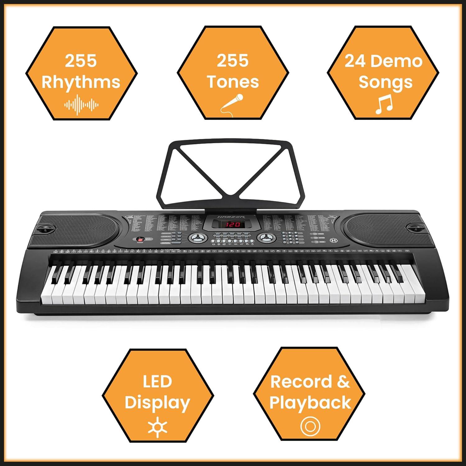 Hamzer 61 Key Keyboard Piano w/ Stand, Bench, Headphones, & Microphone - Set for Beginners