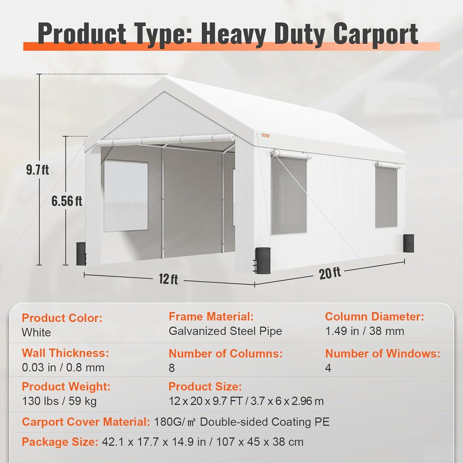 12 Ft. W x 20 Ft. D Steel Carport