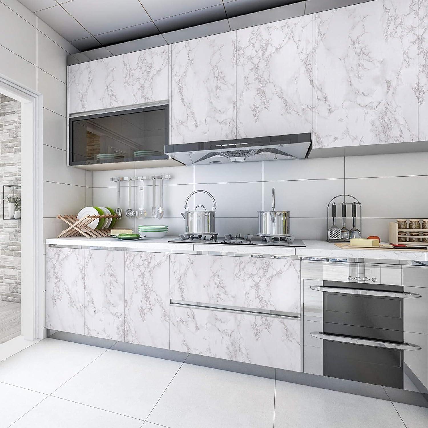 Abyssaly 15.7" x 118"Marble Paper Granite Gray/White Self Adhesive Removable Gloss Vinyl Film Decorative for Countertops Furniture Renovated Wallpaper Shelf Effect