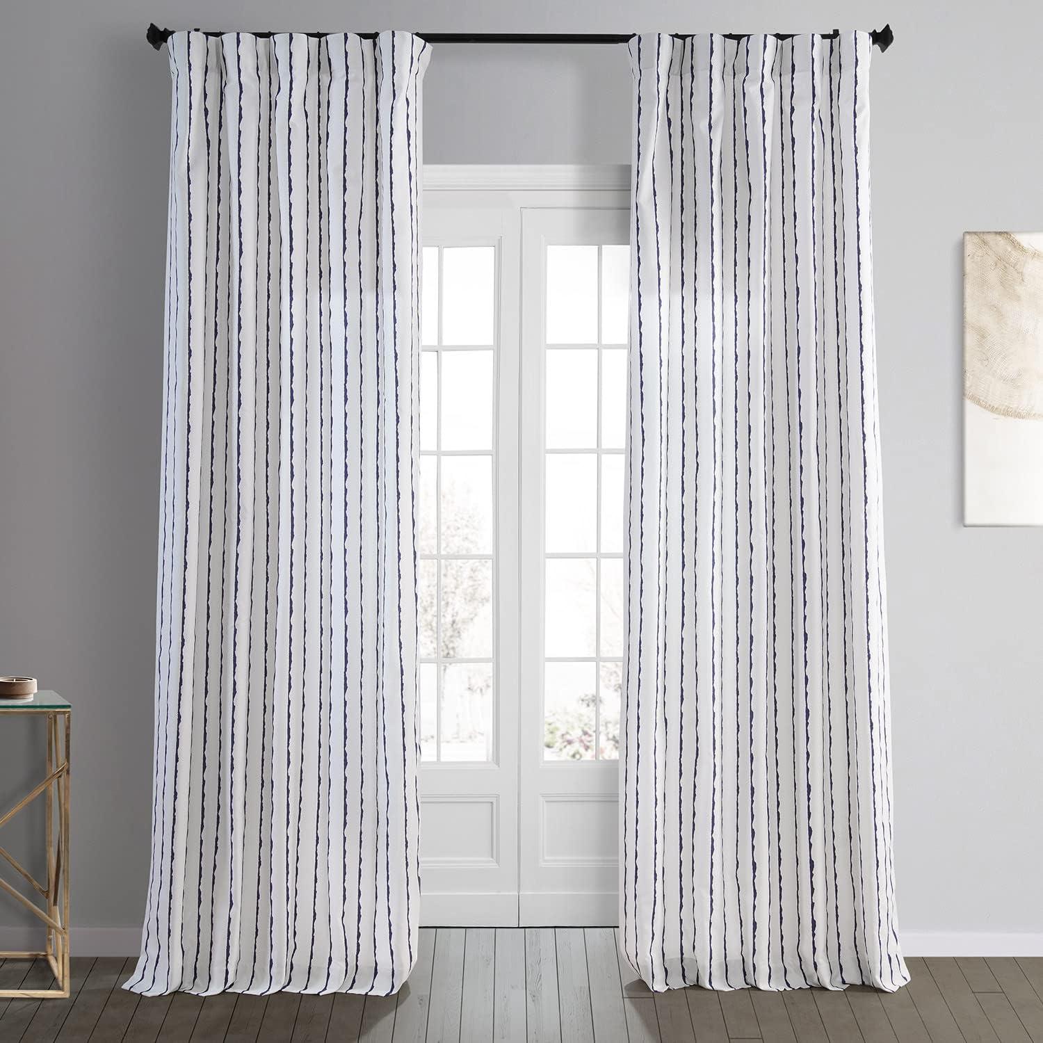 Sharkskin Blue and White Striped Cotton Room Darkening Curtain Panel