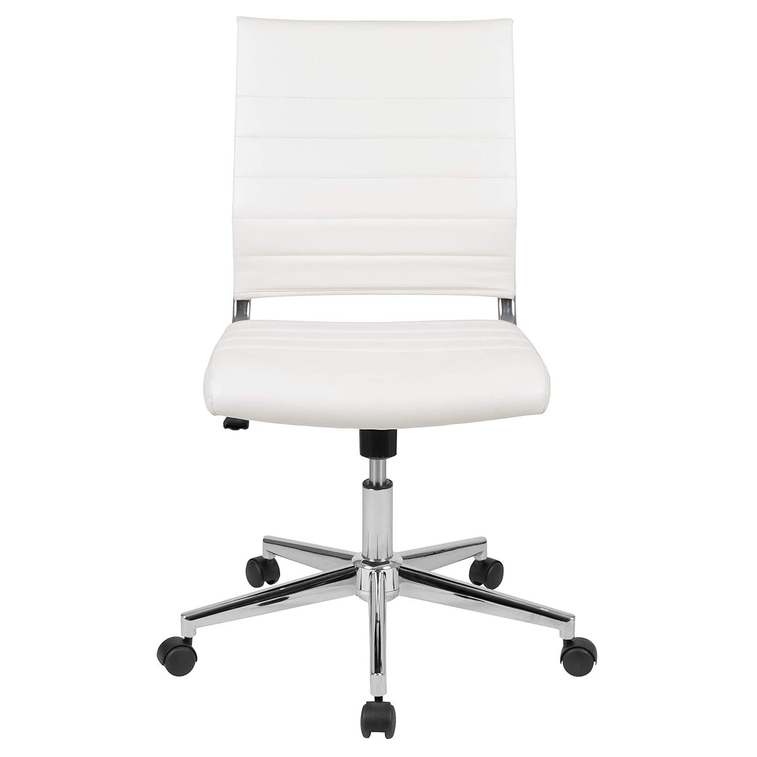 Merrick Lane White Ergonomic Swivel Office Chair Ribbed Faux Leather Back and Seat Mid-Back Armless Computer Desk Chair with Chrome Base
