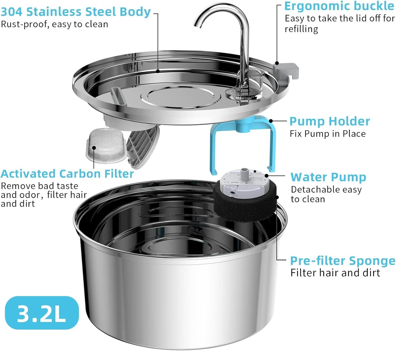 Oiwliur Cat Water Fountain, 3.2L/108oz Stainless Steel Automatic Water Dispenser, Pet Water Fountain with Ultra-Quite Pump and 3 Replacement Filters for Cats, Dogs, and Multiple Pets (Silver) C9