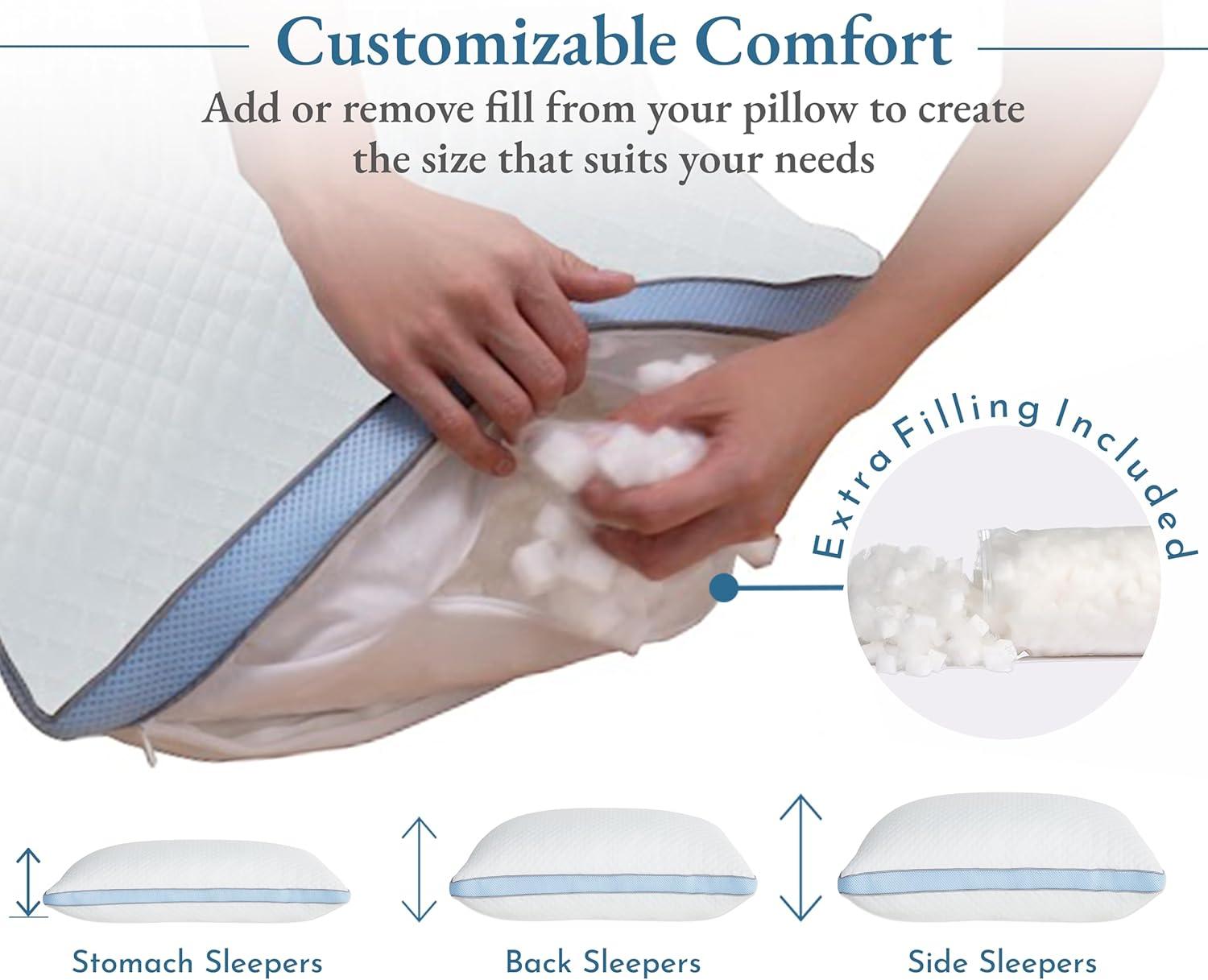 Luxury Queen Size Pillow - Adjustable Loft Memory Foam - Soft Down Alternative - Cooling Hotel Pillows for Back, Stomach or Side Sleepers
