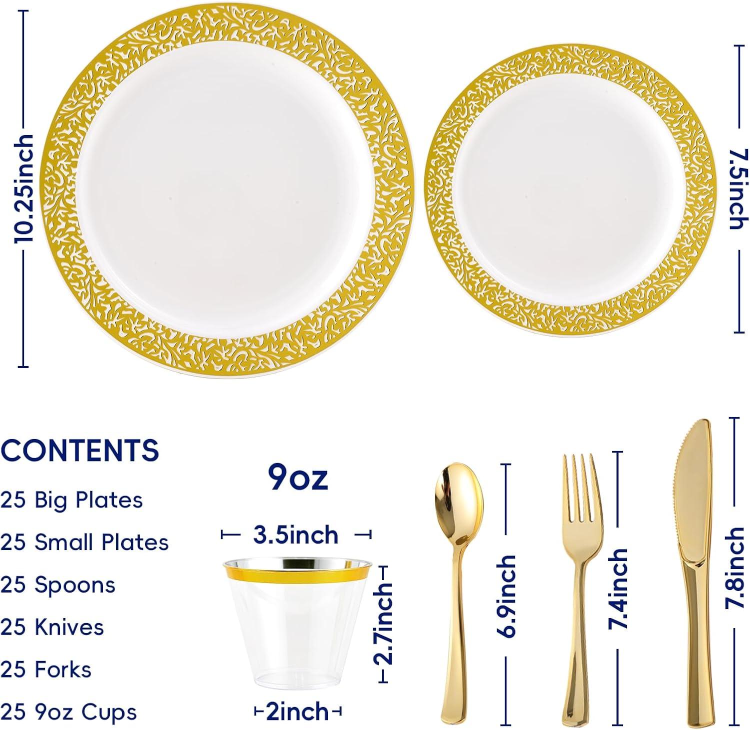 150 Count Gold Plastic Dinnerware Set, Elegant Disposable Include: 25 Gold Lace Plastic Plates, 25 Dessert Plates, 25 Forks, 25 Knives, 25 Spoons, 25 Cup, Ideal for Party, Birthday