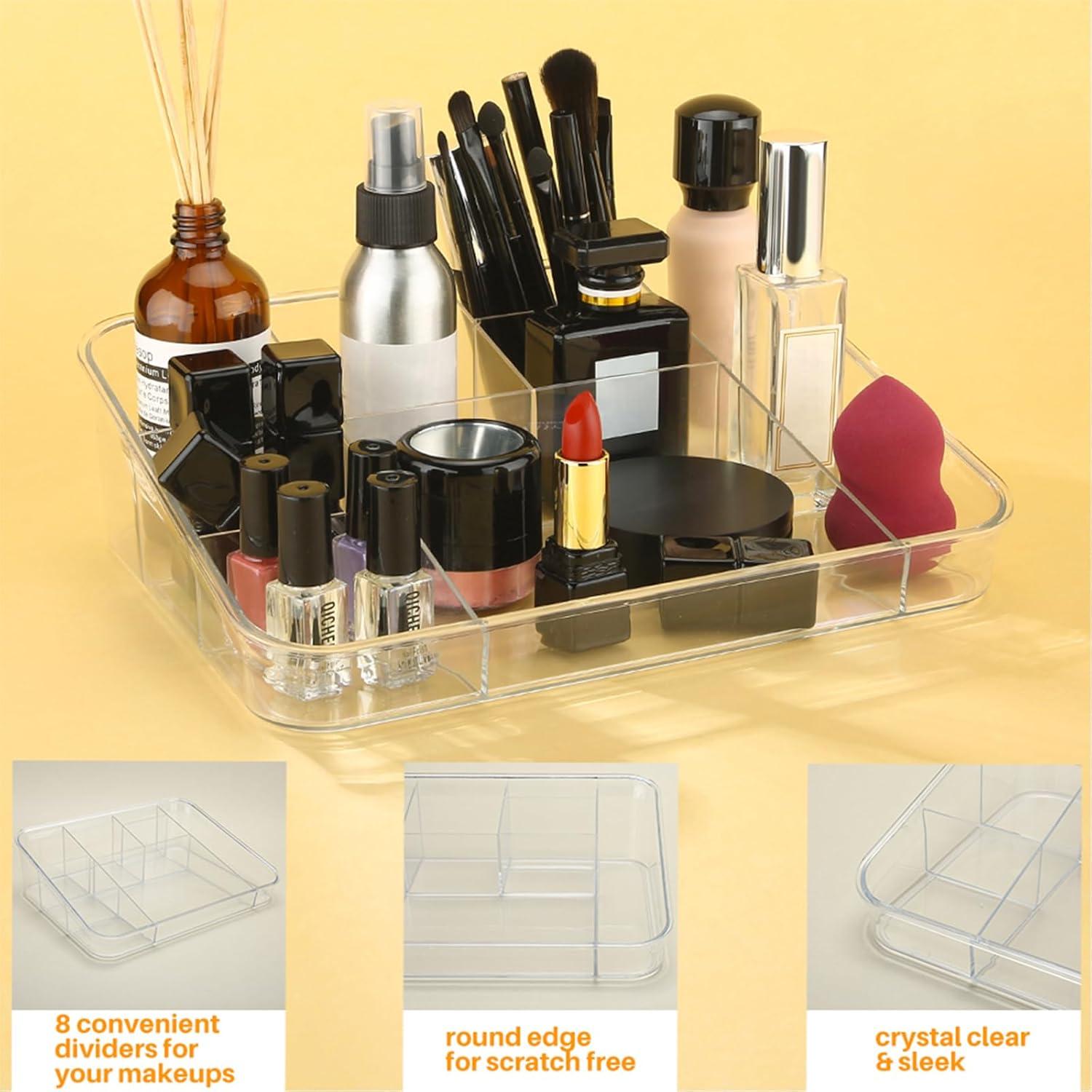 SUNFICON Makeup Organizer Tray Brush Holder Cosmetic Display Case Storage Box for Vanity Countertop Bathroom Drawers, 8 Compartments, Crystal Clear Acrylic