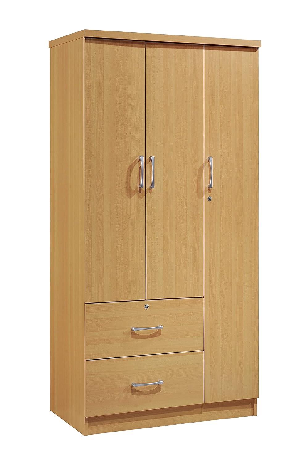 Hodedah 3 Door Armoire with 2 Drawers 3 Shelves in Beige Wood