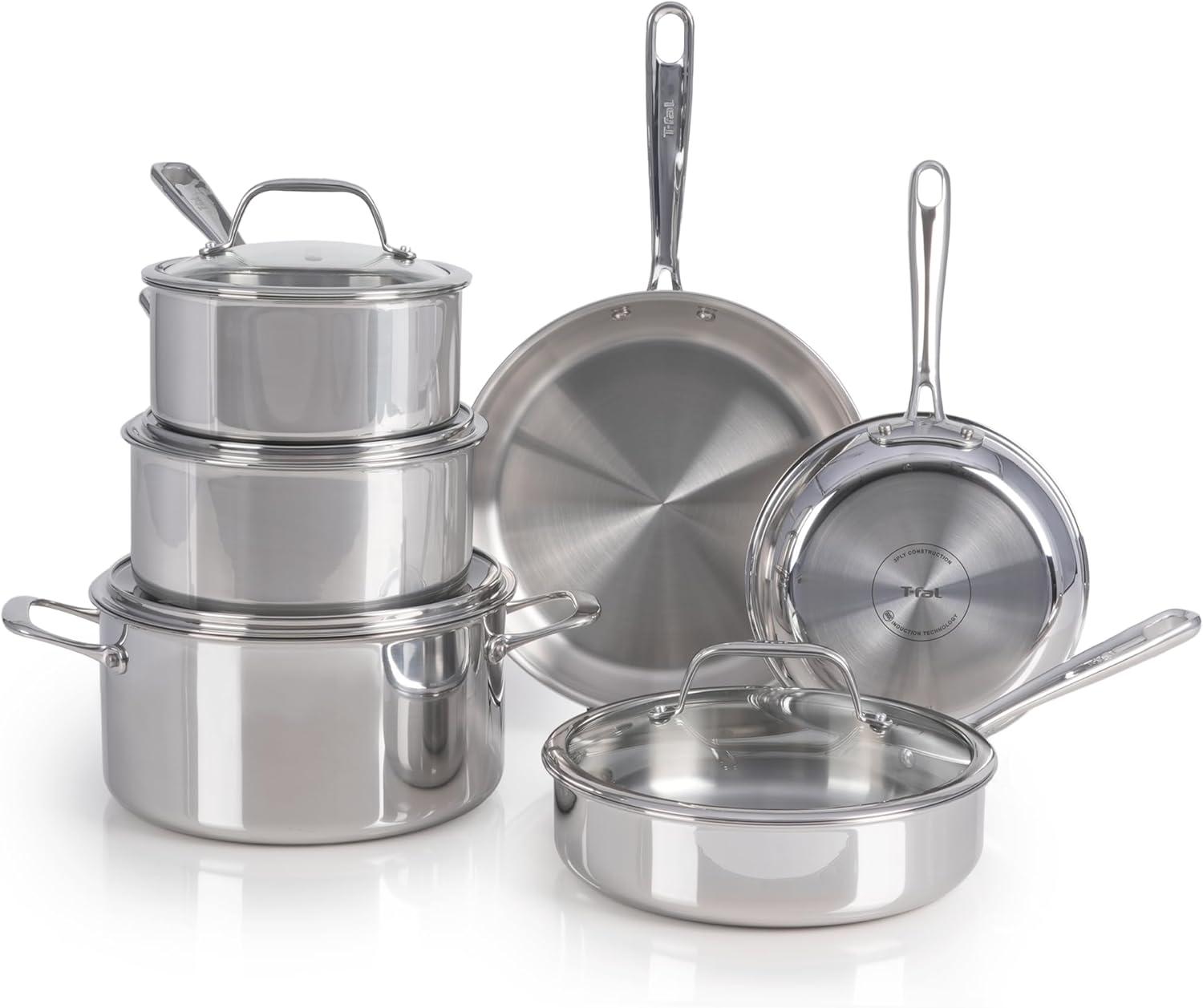 T-fal Pro Tri-Ply Stainless Steel, 10 Piece Cookware Set, Silver