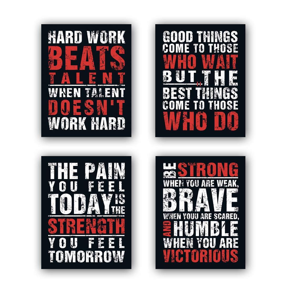 HPNIUB Inspirational Quotes Art Prints, Set of 4 (8”X10”), Chalkboard Motivational GYM Wall Art Poster, Hard Work Painting Be Strong Be Brave Wall Art for Classroom Kids Teens Bedroom Office, No Frame