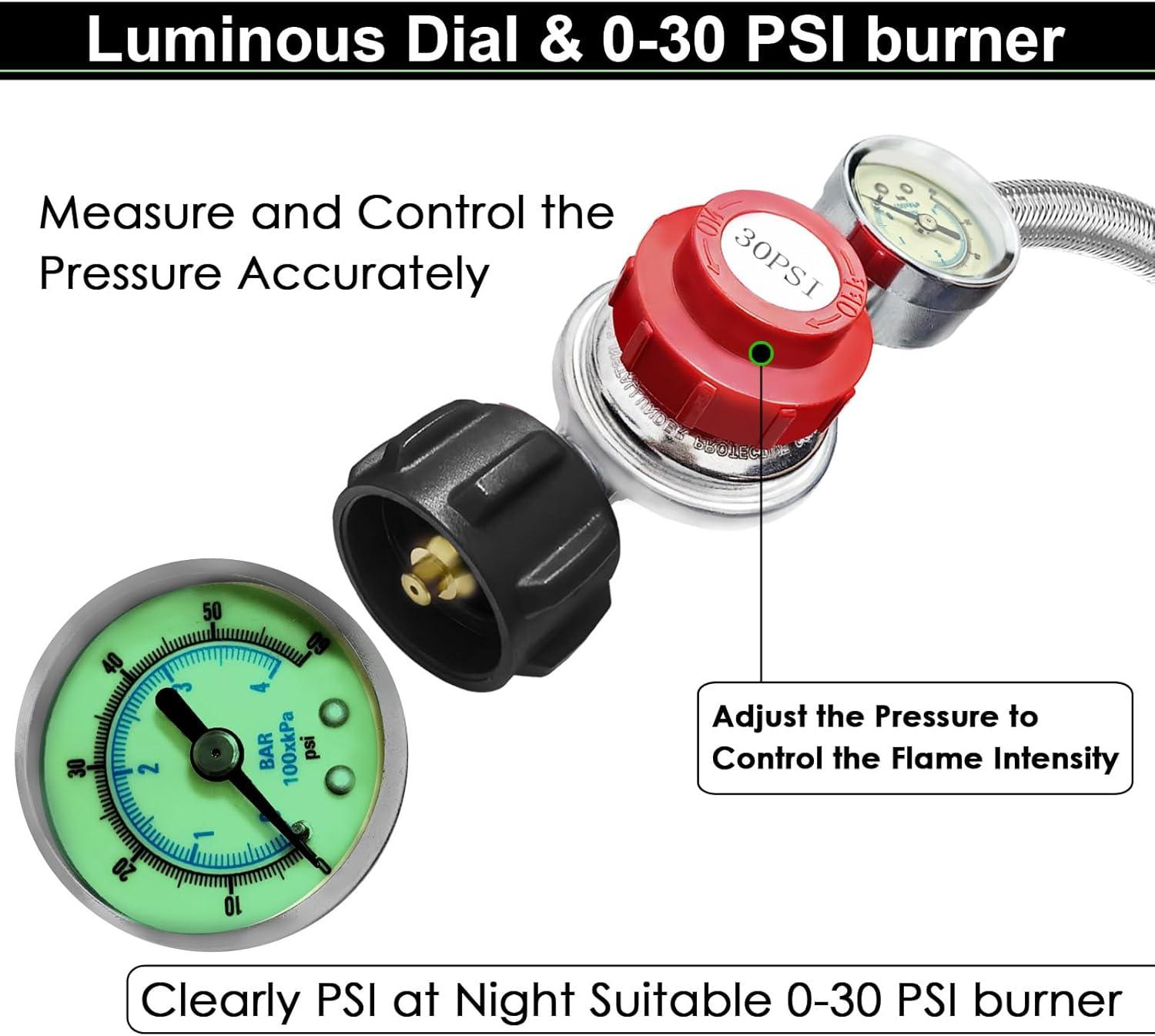Gaspro 12ft 0-30 PSI Adjustable Propane Regulator with Gauge Stainless High Pressure Propane Hose with Regulator and  3/8" Female Connector