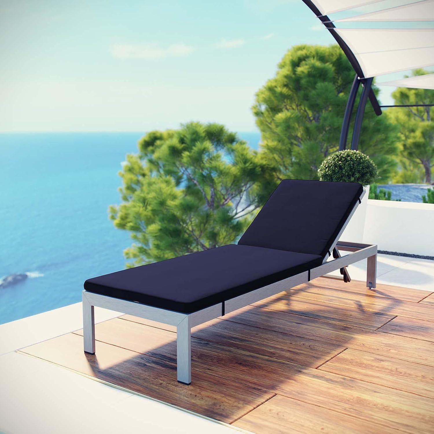 Navy Cushioned Aluminum Outdoor Chaise Lounge with Adjustable Backrest