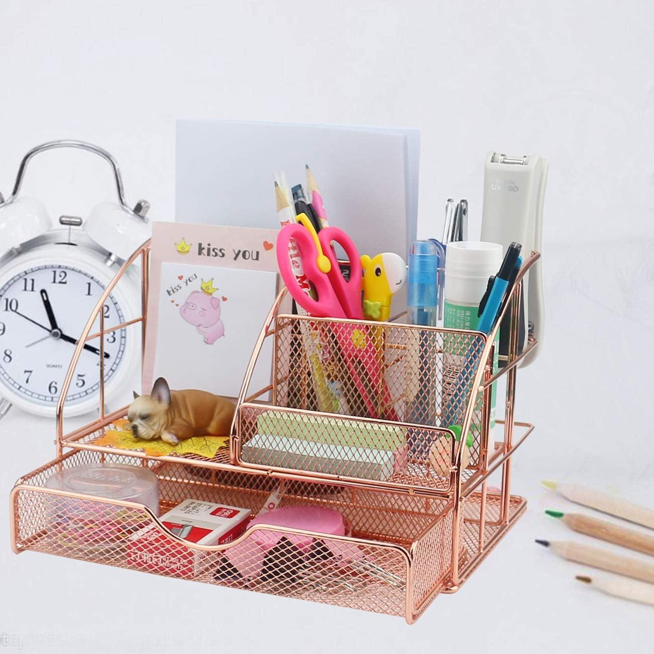 Rose Gold Mesh Desk Organizer with 6 Compartments and Drawer