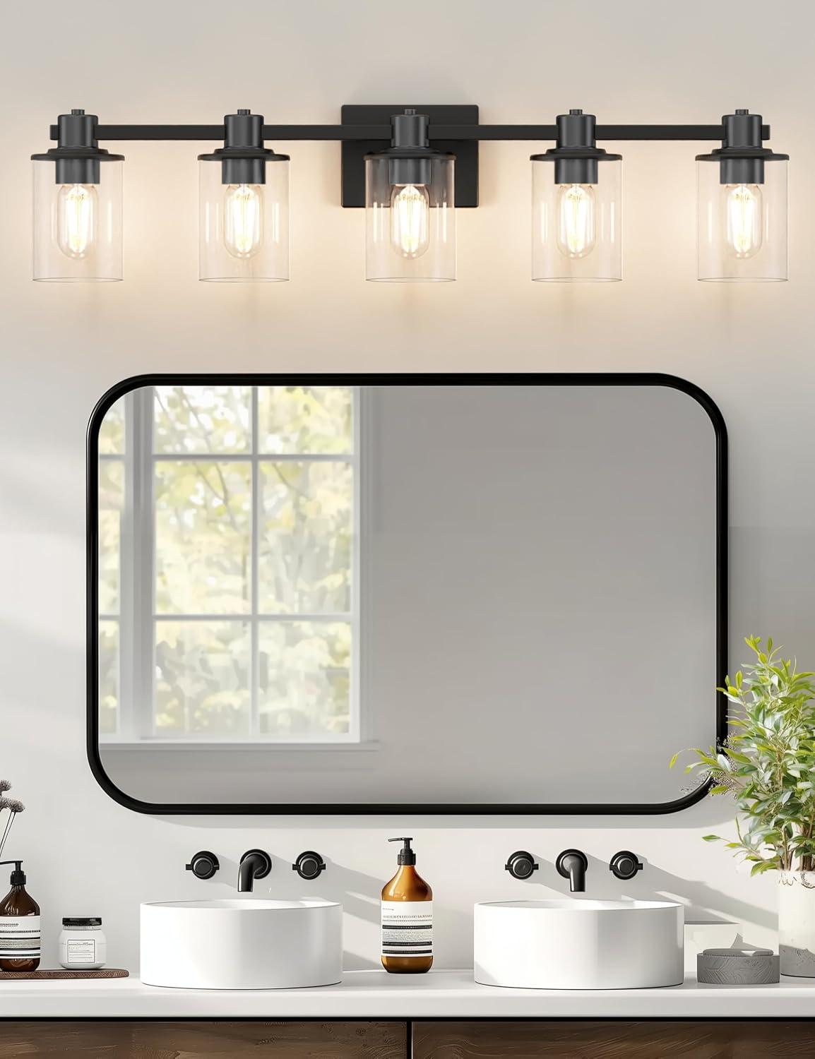 Matte Black 5-Light Bathroom Vanity Fixture with Glass Shades