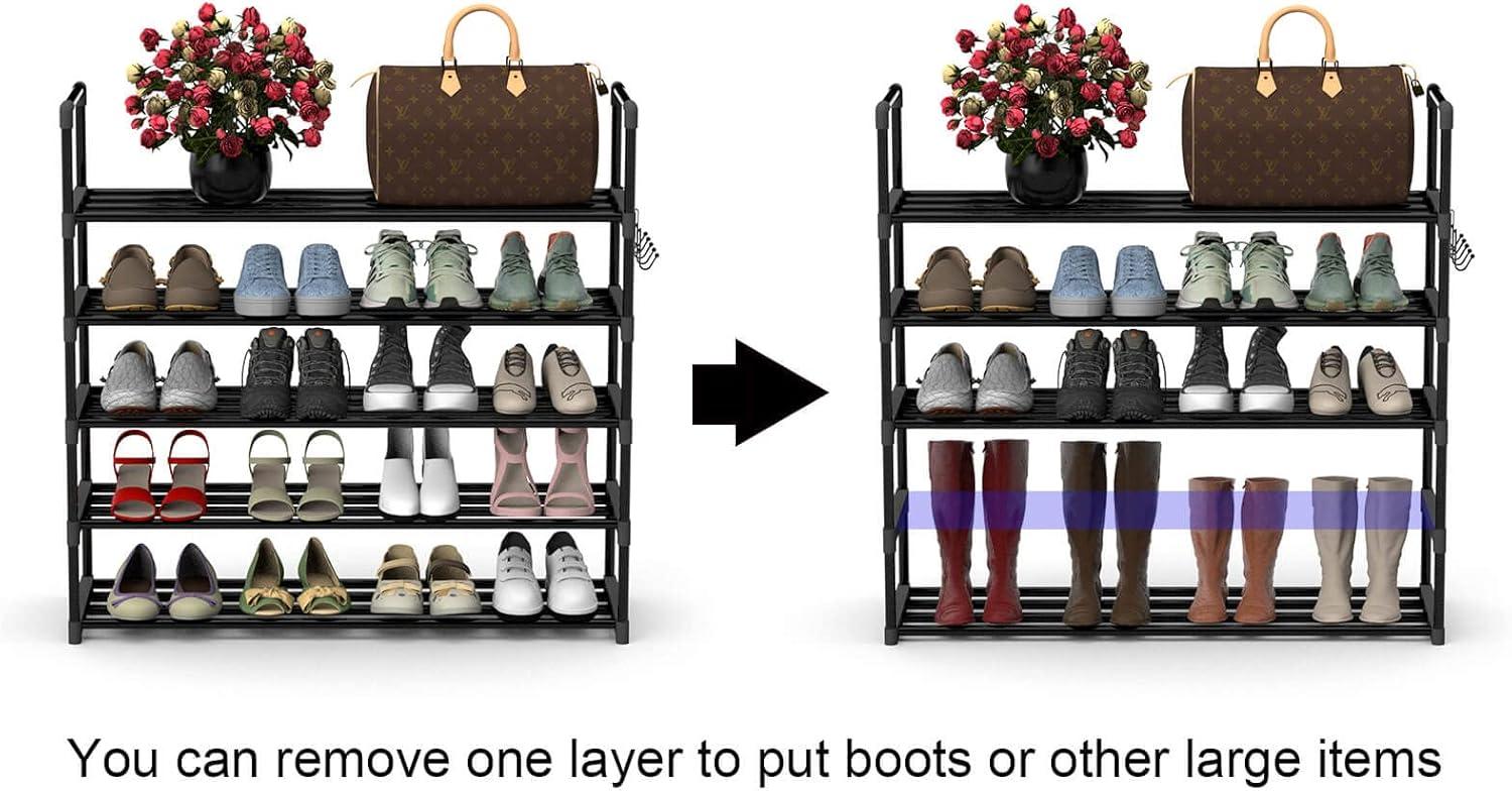 Black 5-Tier Adjustable Metal Shoe Rack with Hooks