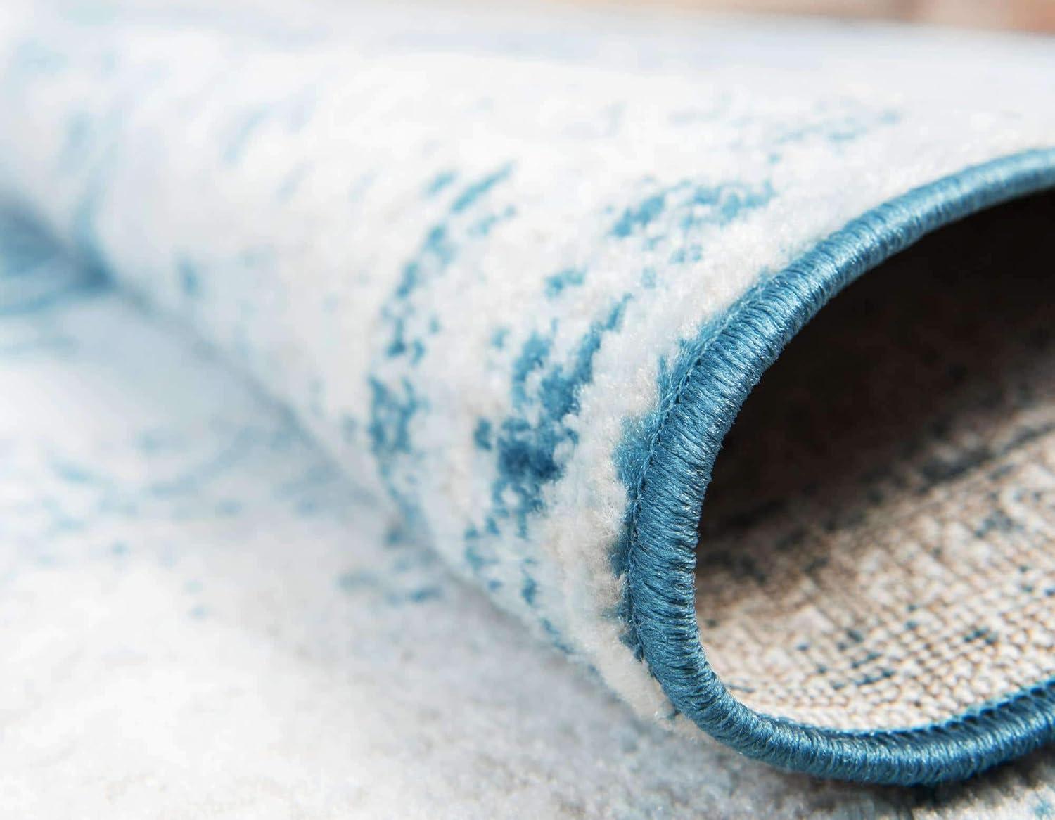 Reversible Round Blue and Light Blue Medallion Synthetic Rug