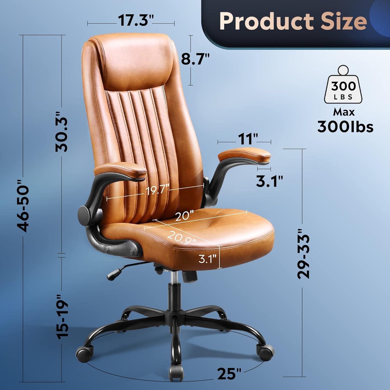 DEVAISE Executive Chair Computer Office Chair, High Back Ergonomic Desk Chair with Adjustable Flip-up Armrests, Lumbar Support and Thick Headrest, Brown