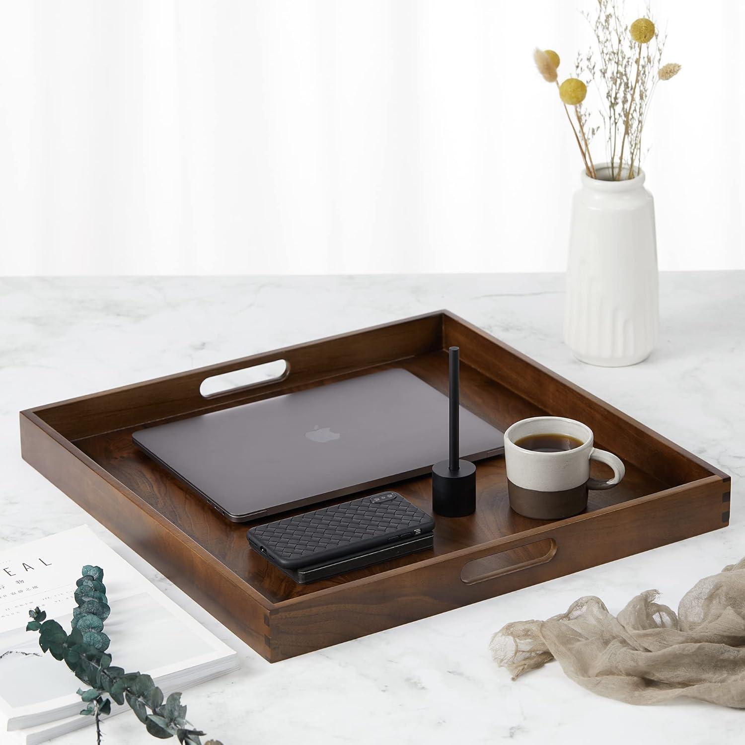 19 x 19 Inches Black Walnut Large Ottoman Tray Wooden Table Tray Square Solid Serving Tray with Handles Platter Decorative Tray for Oversized Ottoman Home Breakfast in Bed Tea Coffee