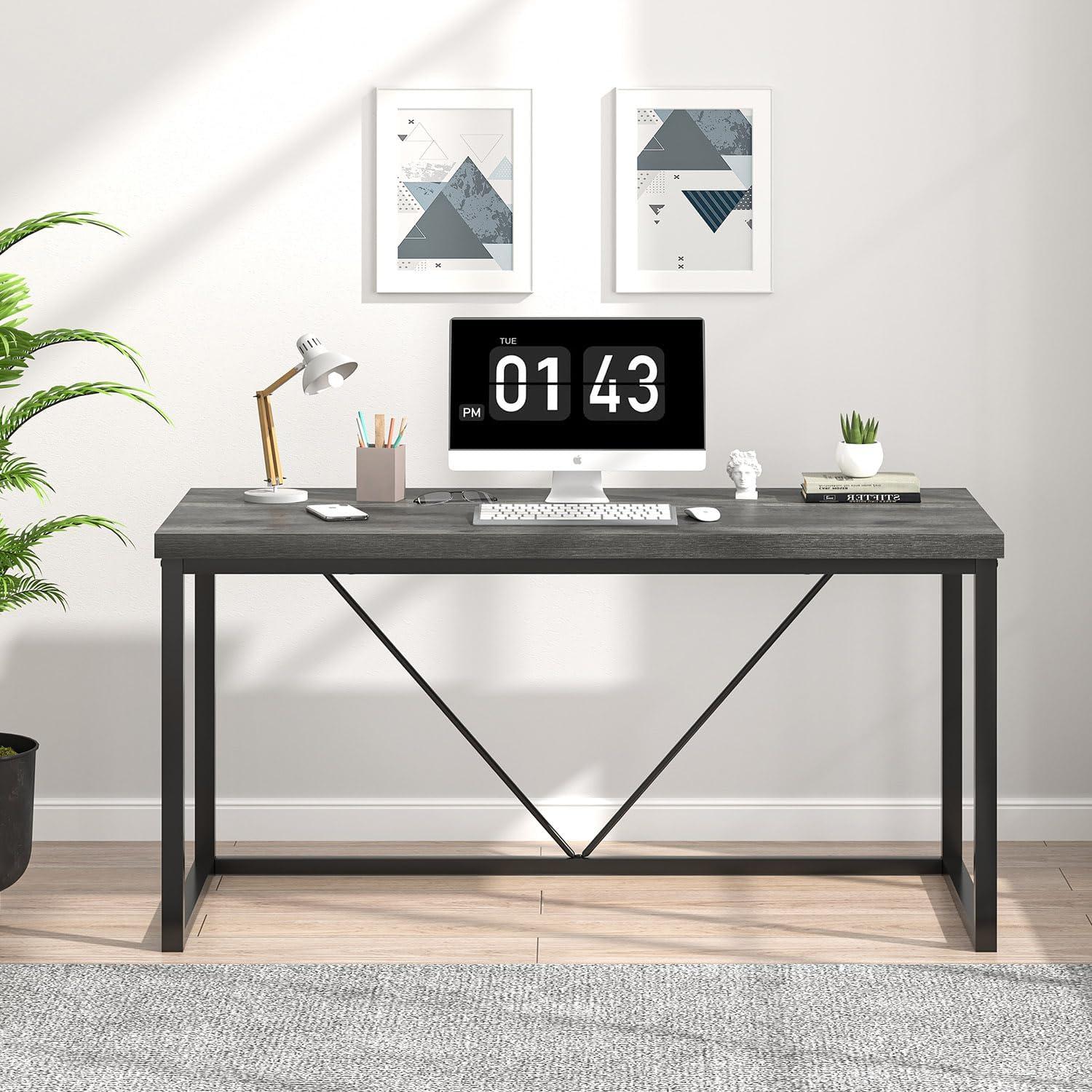 Gray 55-Inch Wood and Metal Computer Desk with Drawer