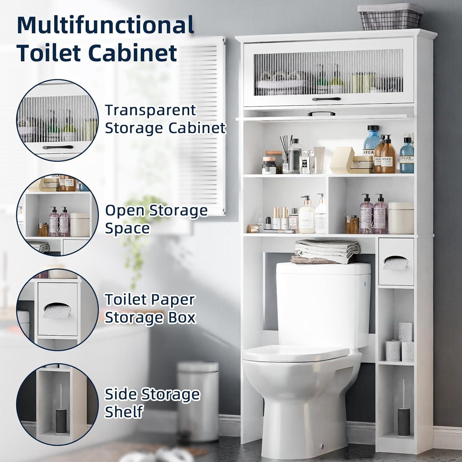 Over The Toilet Storage Cabinet with Transparent Door, Toilet Paper Storage Cabinet with Multi Layer Shelves Suitable for Bathroom, Laundry Room, Freestanding Bathroom Storage Rack,White