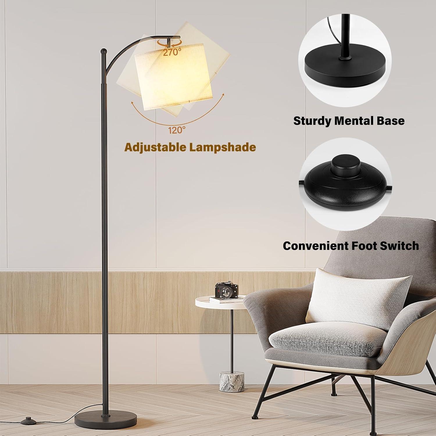 Adjustable Black Metal Arc Floor Lamp with Linen Shade