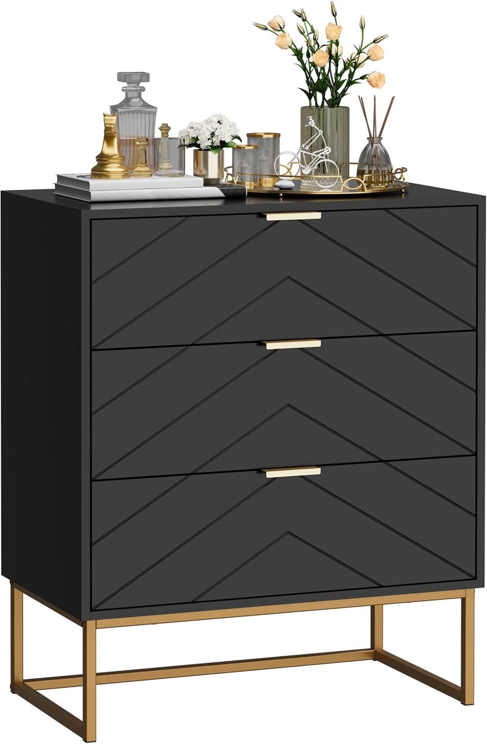 2024 New 3 Drawer Dresser for Bedroom, Modern Chest of Drawers with 3 Drawers, Tall Nightstand with Metal Base and Metal Handles, Storage Cabinet for Bedroom, Hallway