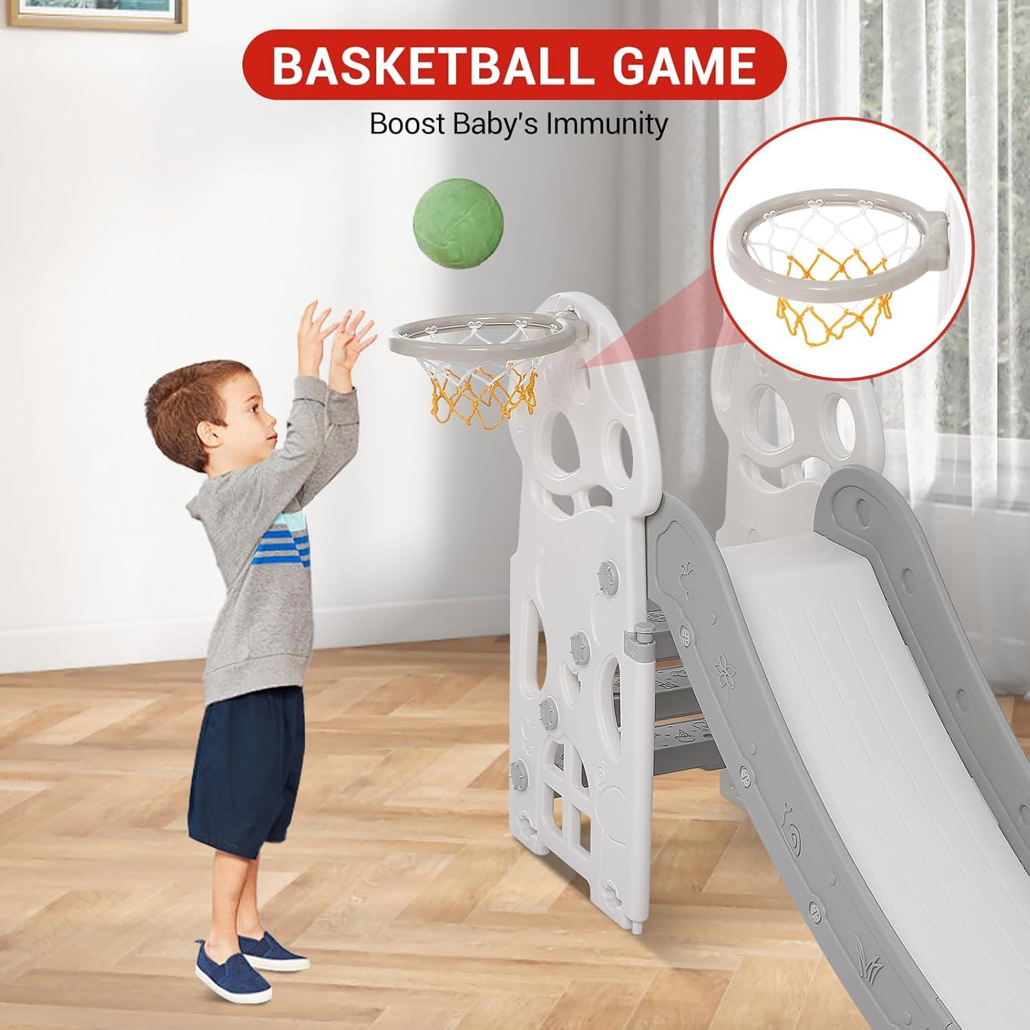 Toddler Slide, Ronipic 3 in 1 Slide for Kids, Freestanding Game Slide with Extra Long Slipping Slope and Basketball Hoop, Kids Slide Climber Set for Indoor Outdoor Ideal Gift Toys for Boys and Girls