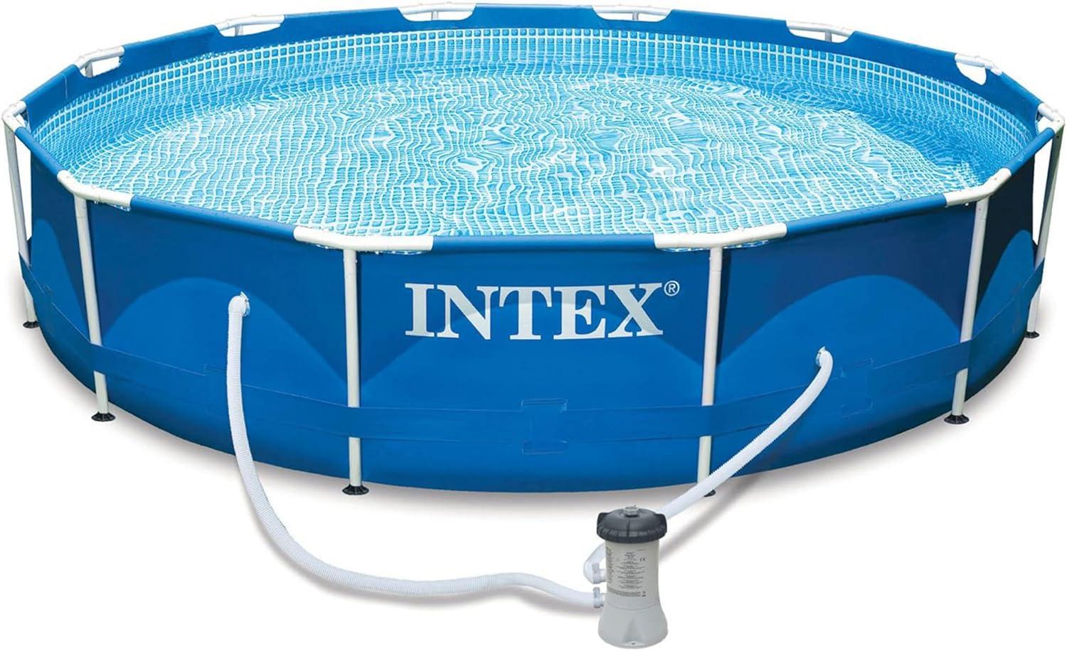 Intex 12 Foot x 30 Inch Round Metal Frame Above Ground Outdoor Swimming Pool Set with Filter Pump and Easy Set Round Vinyl Pool Cover, Blue